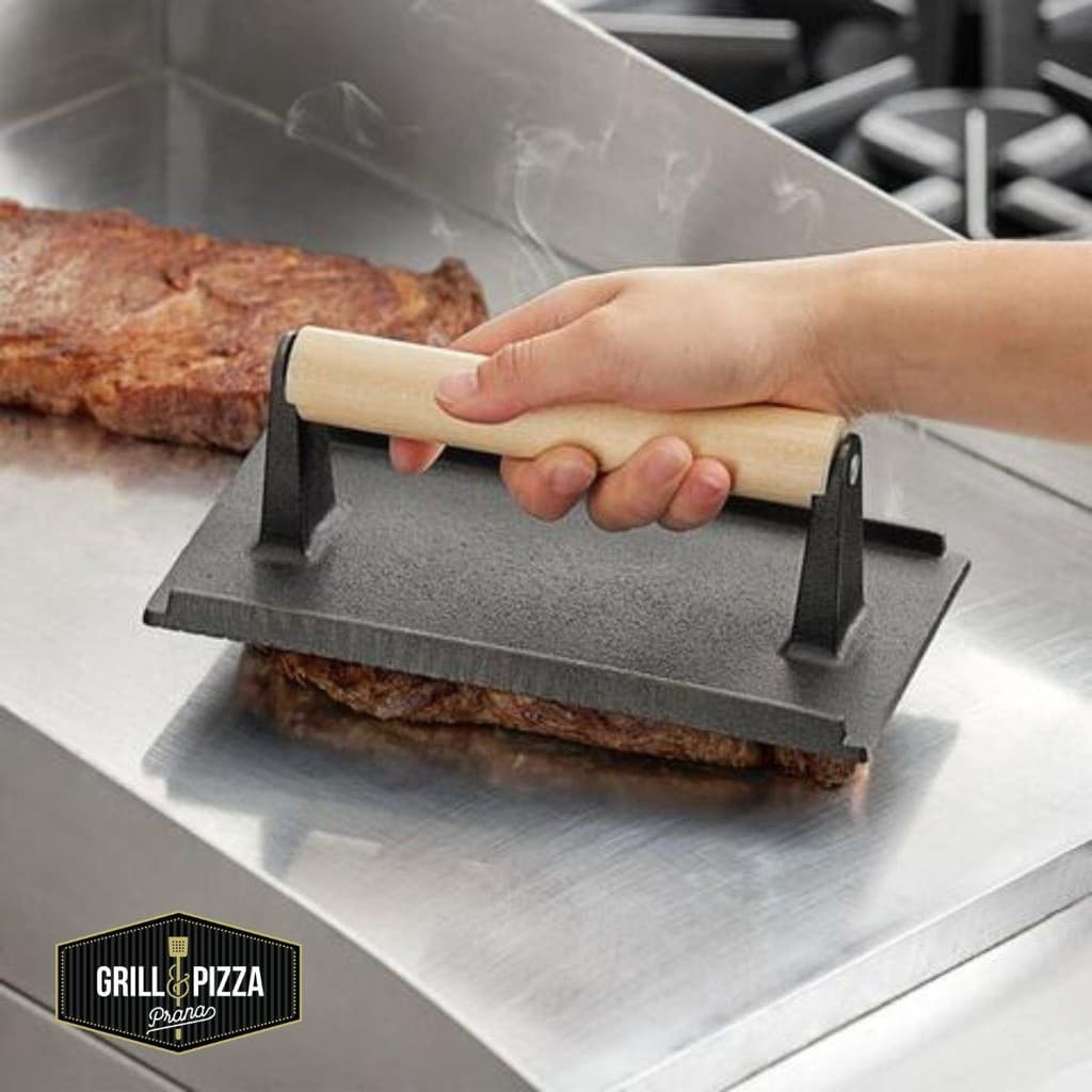 Prensador de Carne de Ferro Fundido Amassador Retangular  Bife Hamburguer Modelador Peso 960g Prana