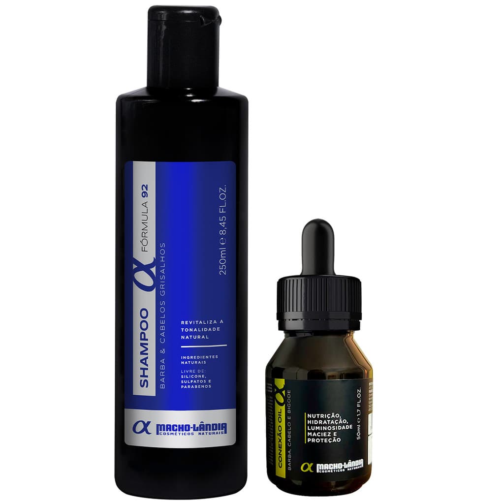 Kit Macho Landia Shampoo Barba Fórmula 92 250ml + Óleo Conexão Oil 50ml Cabelo Grisalho Barba Bigode Hidratação Brilho