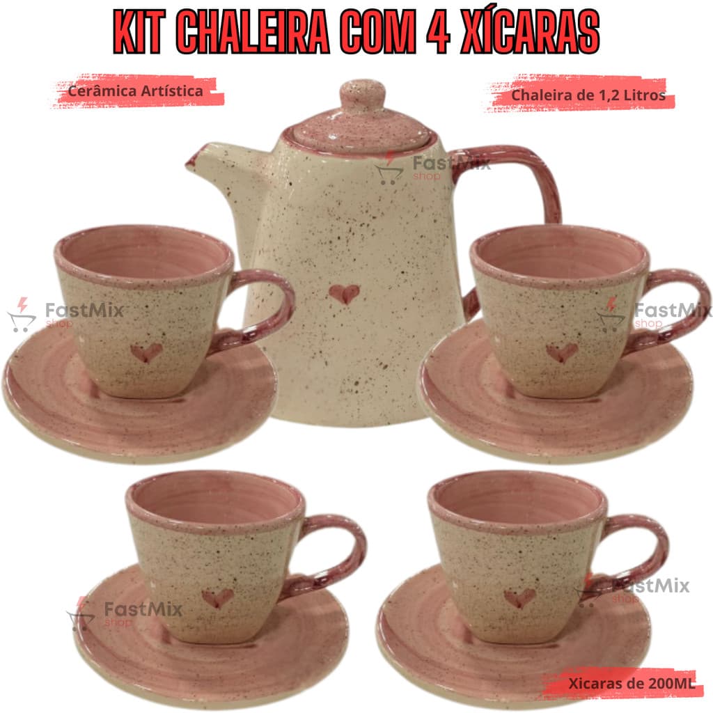 Jogo de xicaras para cafe com pires + chaleira 1,2L Cerâmica Louça Pintada à Mão jogo de chá