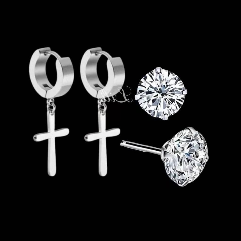 2 pares Brinco Kit Brilhante De Zirconia 6mm e Brinco Cruz Prata Masculino e Feminino