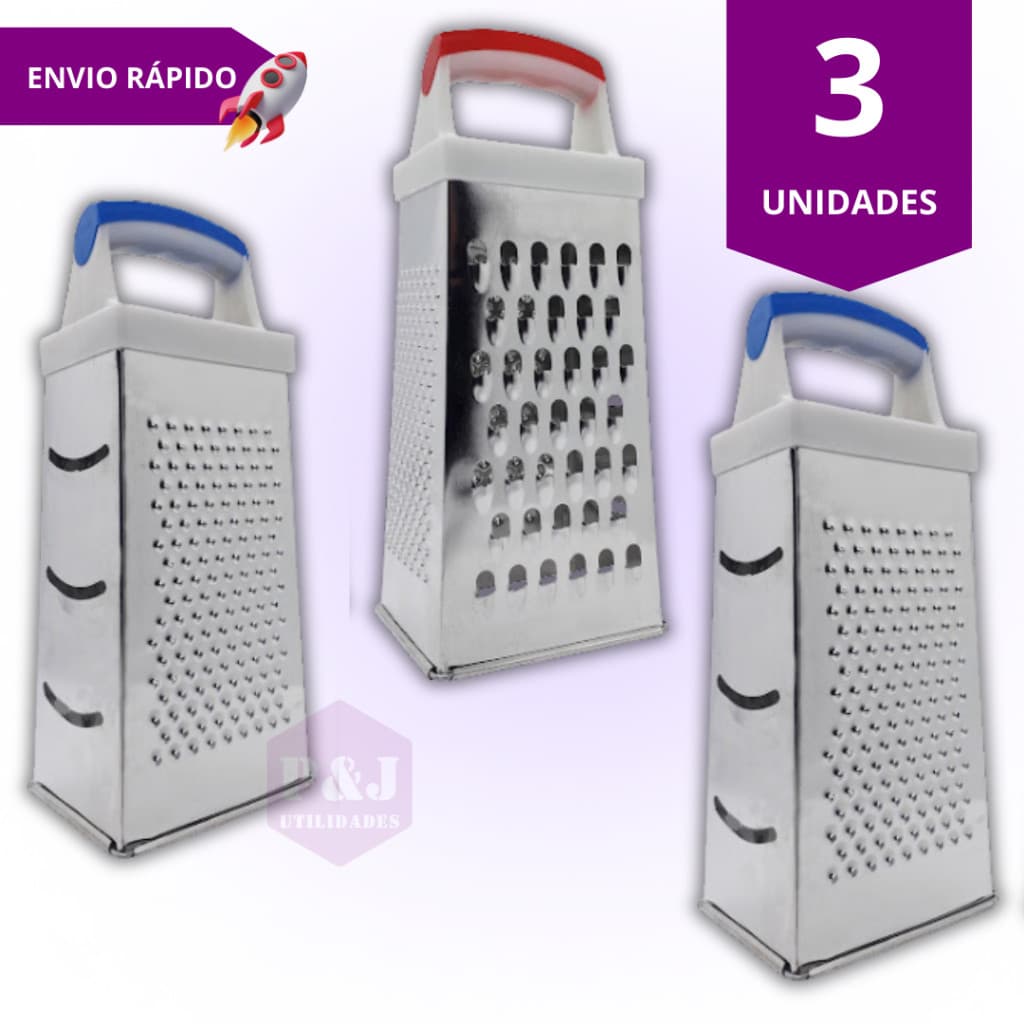 Kit 3 Ralador de Legumes Verduras Queijo 4 Faces Aço Inox Resistente Multiuso e Prático para Cozinha