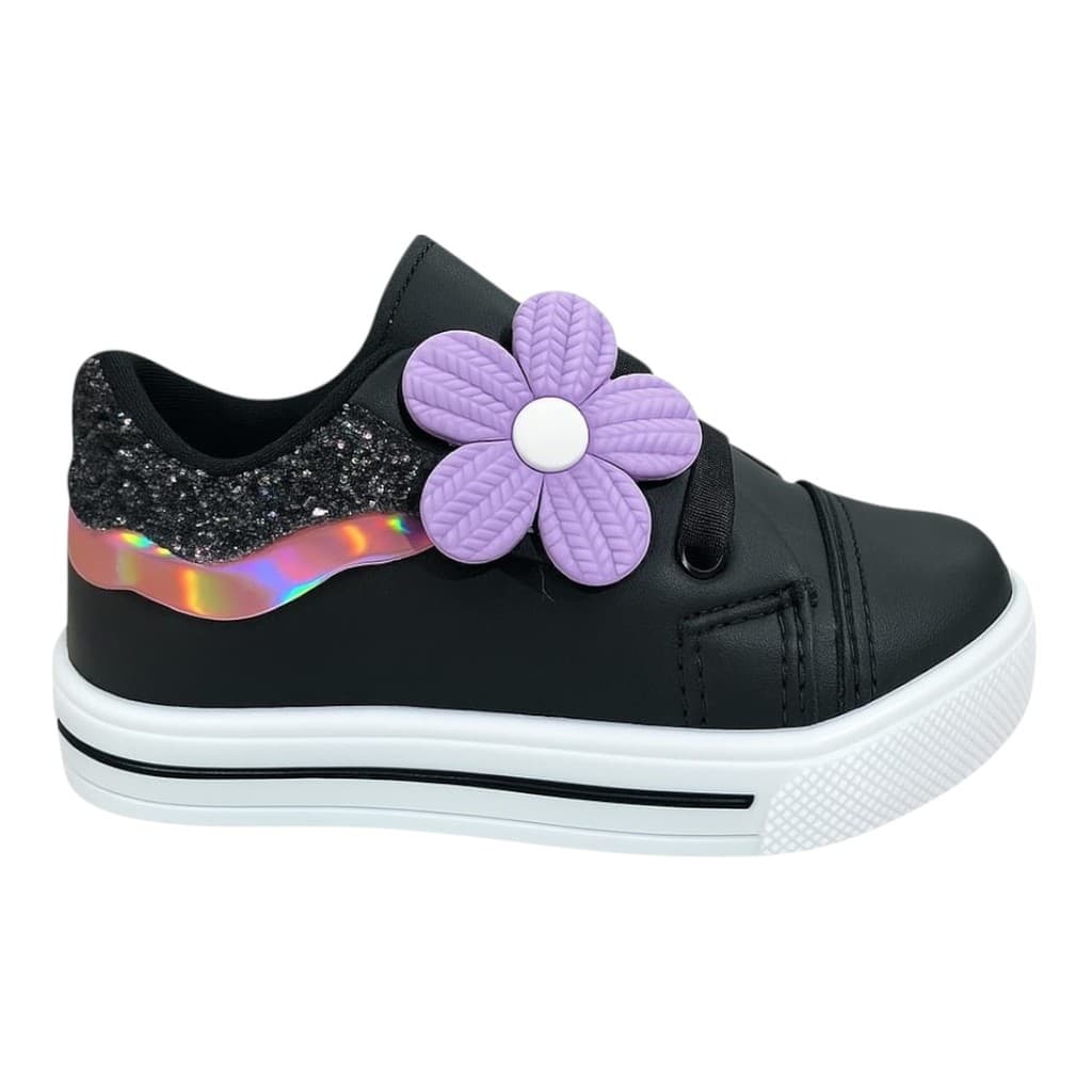 Tênis Infantil Feminino Tralala Preto com Flor Lilás Glitter Confortável Estilo Menina Escolar