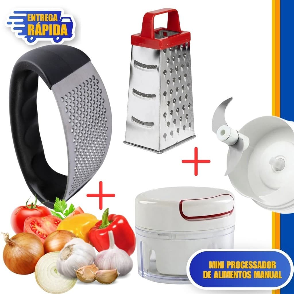 3 Peças: 1 Amassador Alho + 1 Ralador 4 Faces + 1 Mini Processador Manual Triturador 2 Lâminas 200ml
