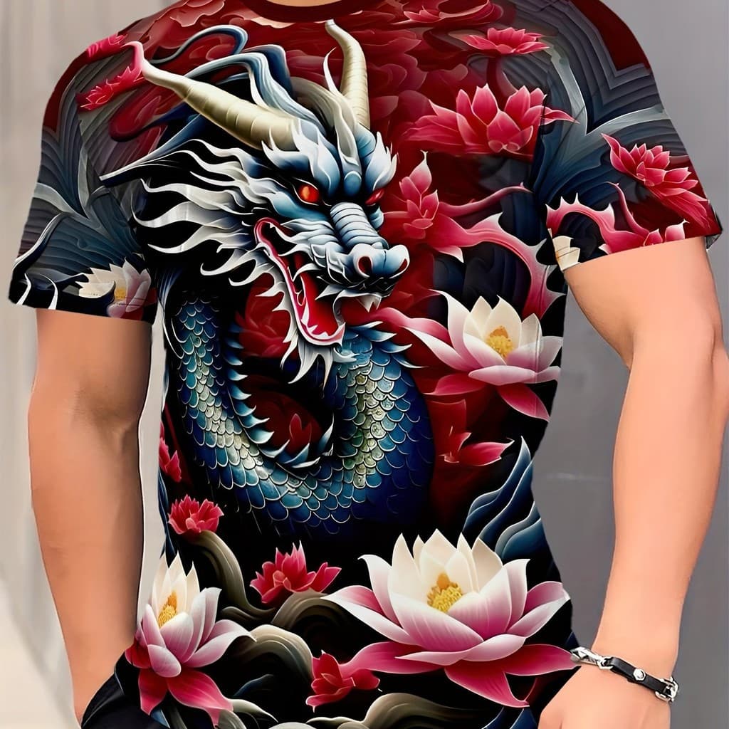 Camiseta Masculina Com Estampa De Dragão Oriental , Camisetas Casuais De Manga Curta Gola Redonda , Top Masculino Para A
