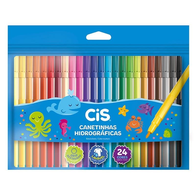 Canetinha Hidrográfica CIS 24 Cores Sextavado Ponta Resistente 0.8mm Tinta Lavável