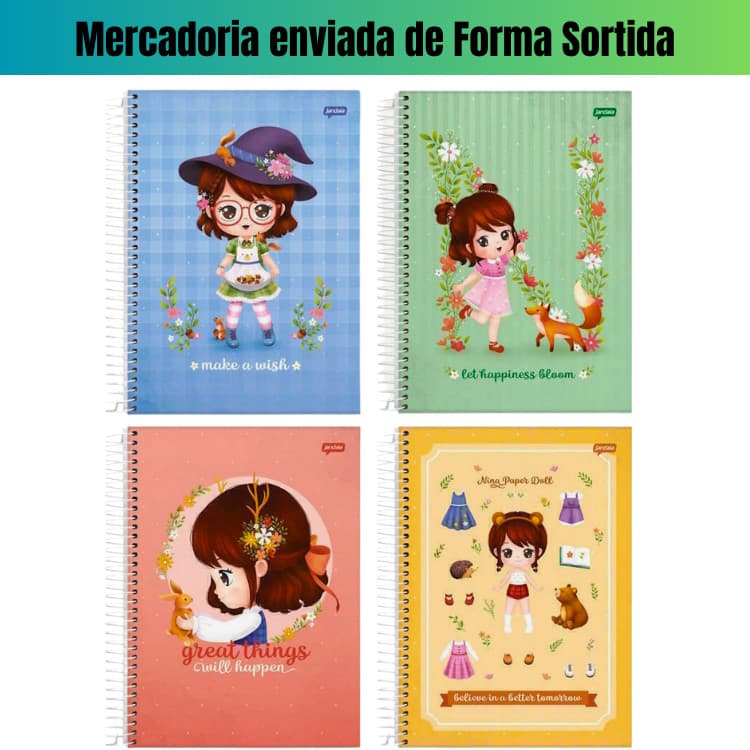 kit com 4 Cadernos Nina 1 Materia Jandaia Espiral Universitario Espiral Capas Sortidas