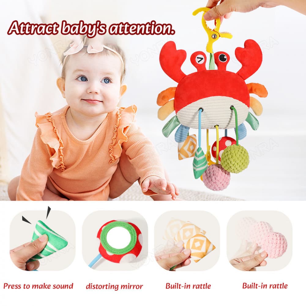 Carrinho de Berço Suspenso Móvel para Crianças com Chocalhos e Brinquedos de Pelúcia, Cordão Sensorial com Mordedor 1LIT