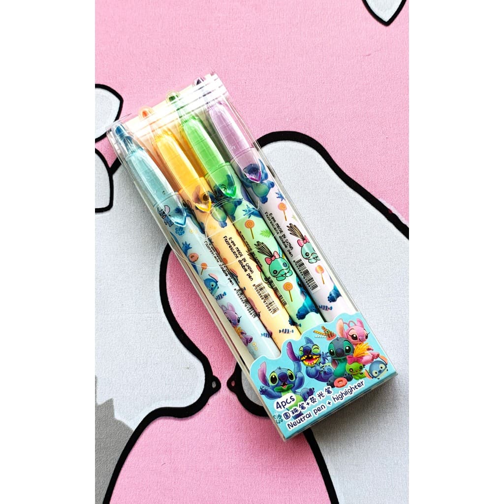 Kit com 4 canetas com Marca Texto do Stitch