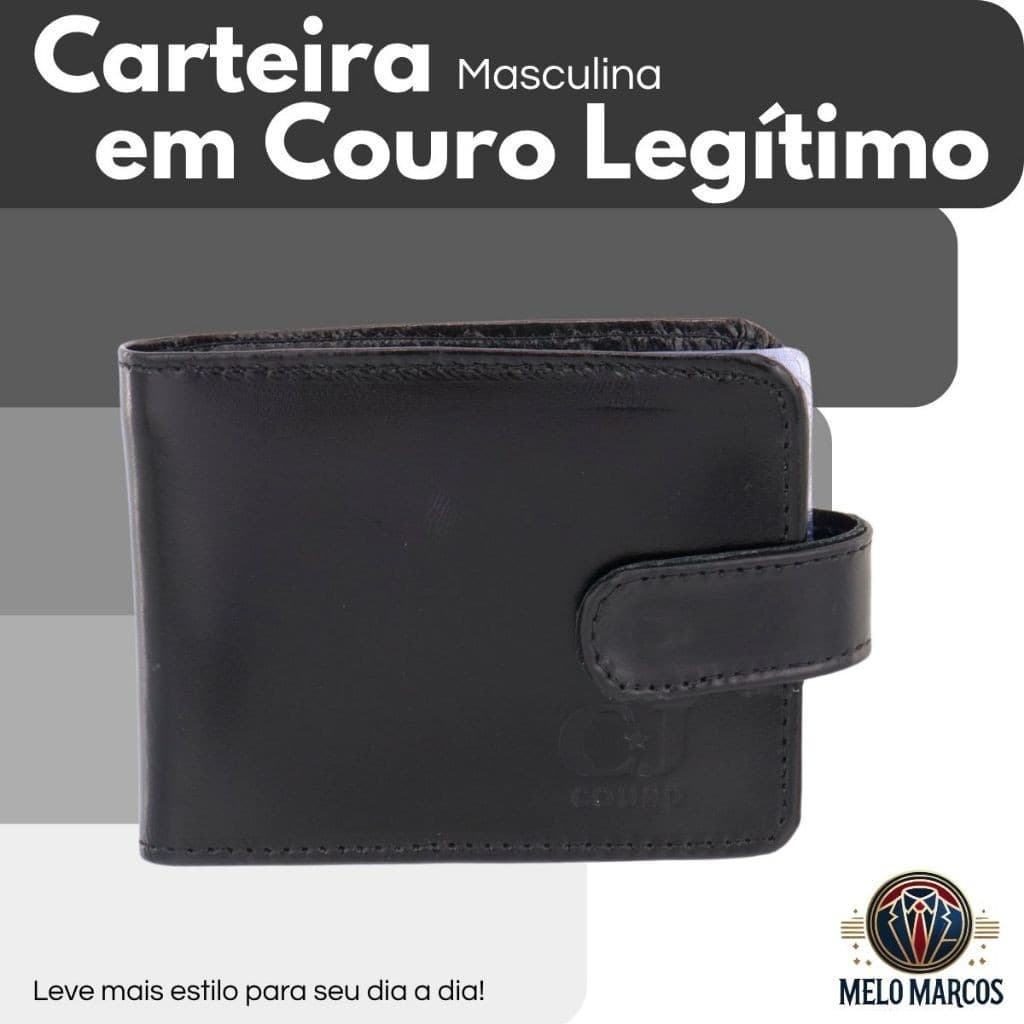 Carteira Masculina Couro Legítimo na Cor Preta Compacta e Elegante Para Uso Diário