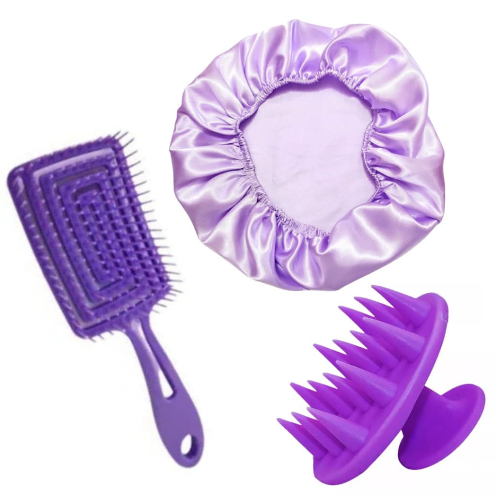 Kit Cuidado Capilar | Raquete Flexível + Massageadora + Touca de Cetim Cores sortidas