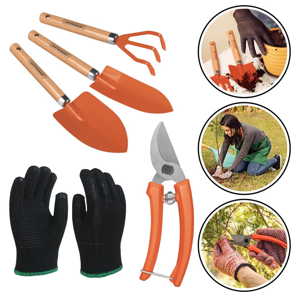 Kit Jardinagem 5 Peças Original Tramontina (Ancinho, Pá Larga, Pá Estreita, Tesoura de Poda) + Luva Pigmentada