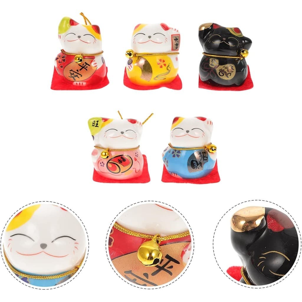 Kit 5 Gatinhos Da Sorte Sorrindo Japones De Cerâmica Enfeite