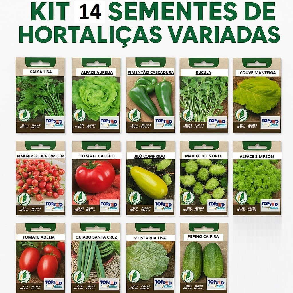 Kit 14 Sementes de Horta hortalicas Legumes Verduras Pimentas Alface Tomate Cenolinha Quiabo Couve Malagueta Biquinho