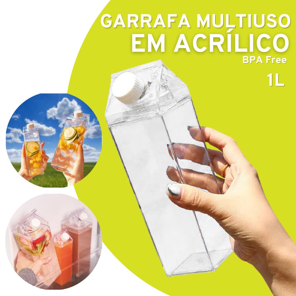 Garrafa de Acrílico Quadrada Resistente 1LT Formato Caixa Leite Resistente Geladeira Água Suco Leite Chá Bebida Frasco