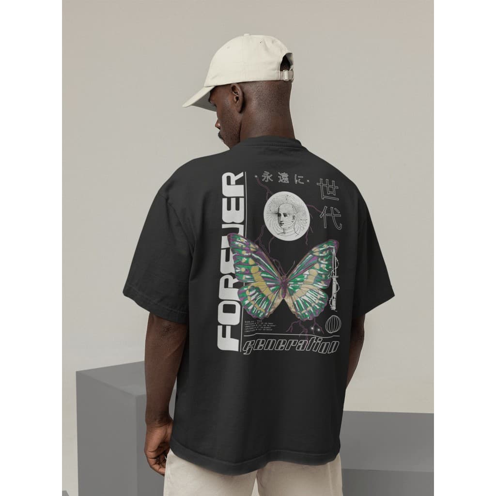 Camiseta Oversize Streetwear Masculino e Feminino 100% Algodão Treino e Dia a Dia Preto e Off Whte Estampa Butterfly