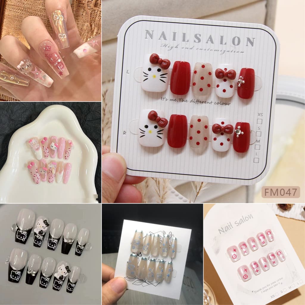 Hello Kitty10pcs Unhas Postiças Com Cola Acrílicas Impermeáveis