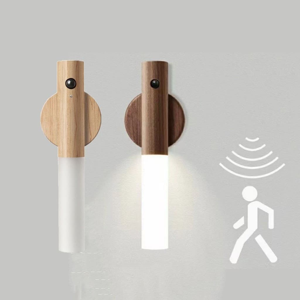 Luminária LED Recarregável Sensor de Movimento Sem Fio Arandela de Madeira Minimalista para Parede e Mesa