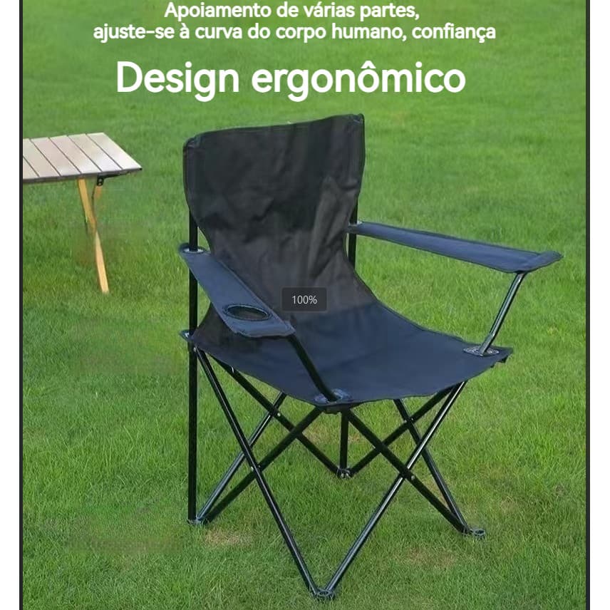 Cadeira dobrável de aço, ideal para camping e pesca, com porta-copos e bolsa para armazenamento.