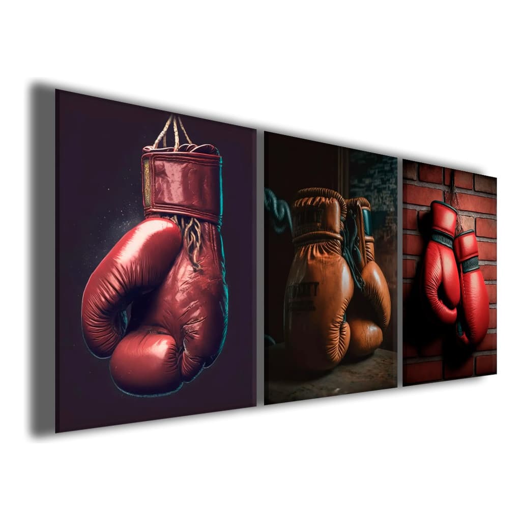 Kit 3 Quadros Decorativos Luvas Luta Boxe Artes Marciais Mosaico Academia Sala Quarto Escritório