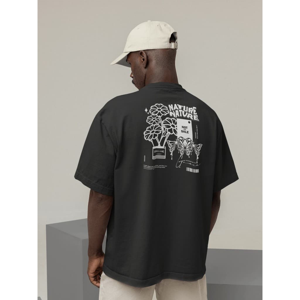 Camisa Camiseta Oversize Streetwear Masculino e Feminino para Treino e Dia a Dia Preto e Off Whte Estampado - NATURE