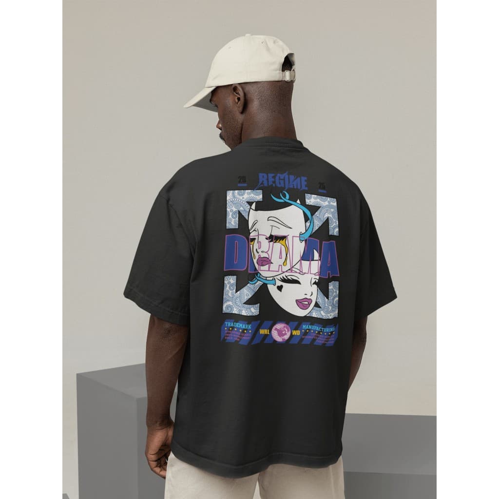 Camiseta Oversize Streetwear Masculino e Feminino 100% Algodão Treino e Dia a Dia Preto e Off Whte Estampa MASK DRAMA