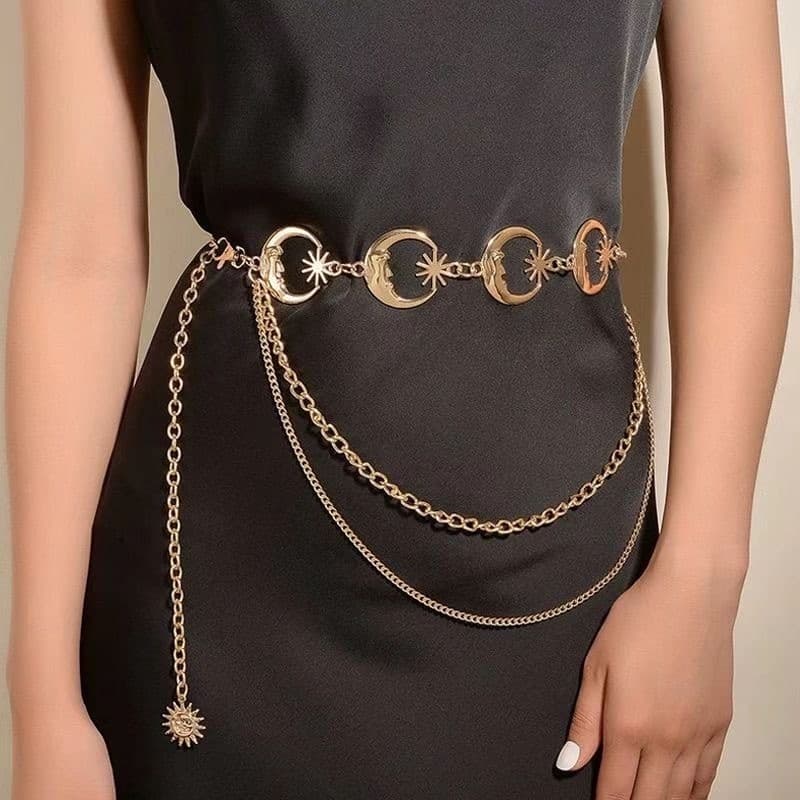 Cinto corrente Feminino Multicamadas Punk Gótico Sol Cintura Corrente Cintos De Metal Para Mulheres Vestido Jóias