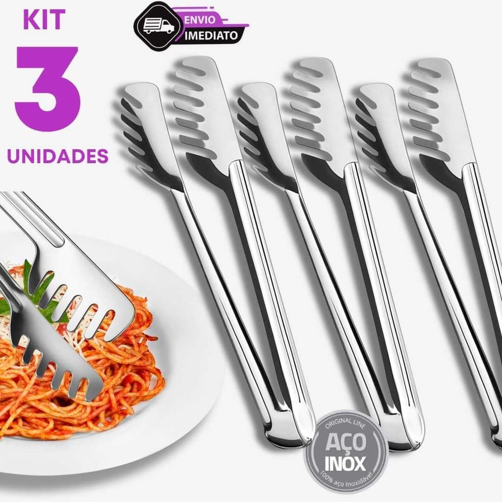 Jogo 3 Pegador de Massas Aço Inox 20cm Saladas Frios Carnes Gelo Doces Cozinha Restaurantes Eventos
