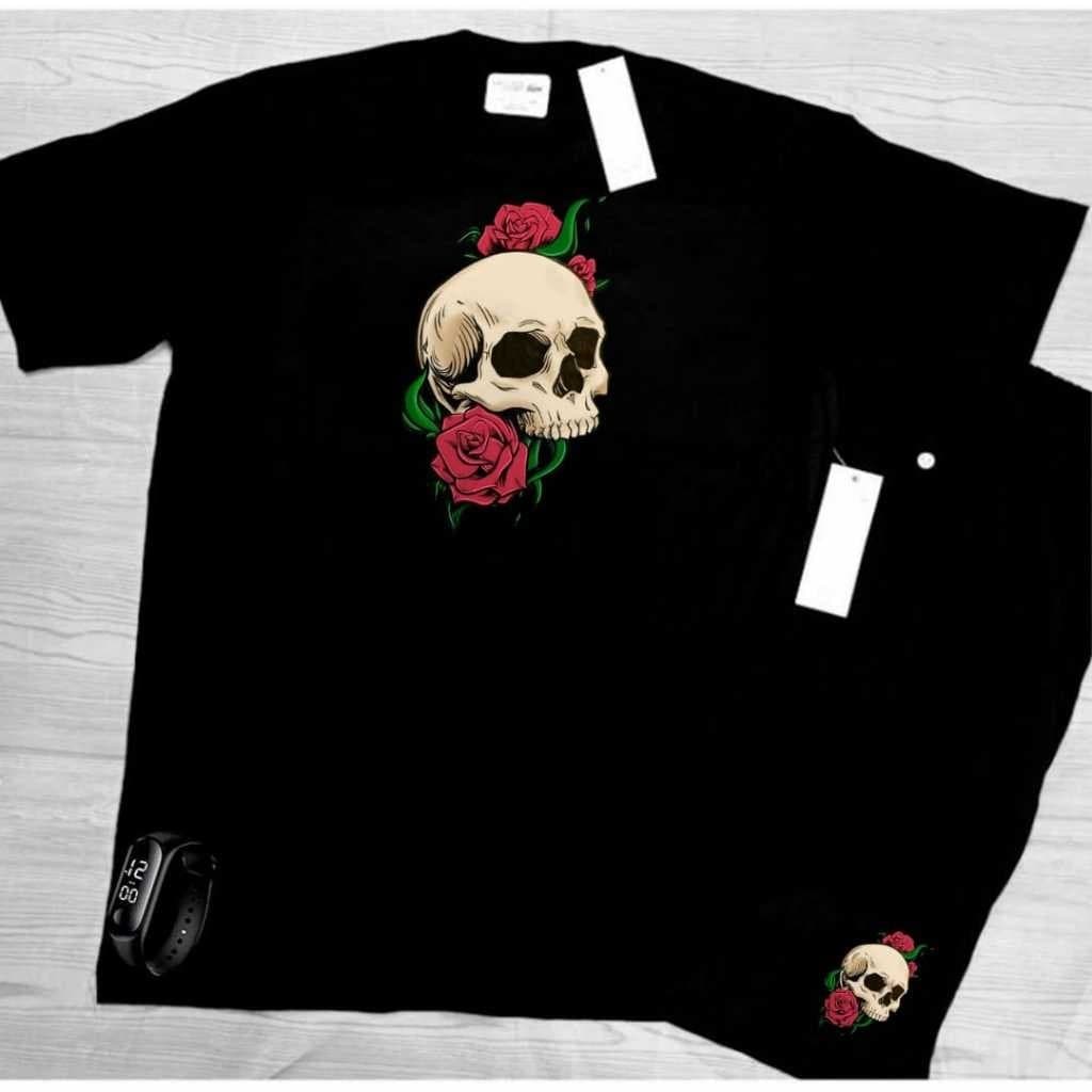 Conjunto kit camiseta 100% algodão 30,1 bermuda leve para caminhada e academia CAVEIRA ROSA + RELÓGIO DIGITAL