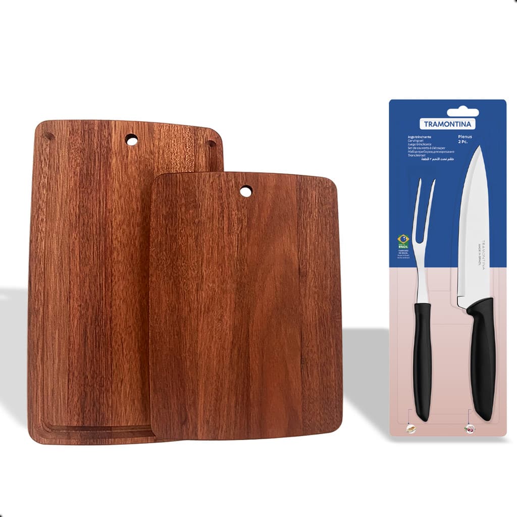 2 TABUAS COM KIT GARFO TRINCHANTE E FACA PLENUS 3 PEÇAS