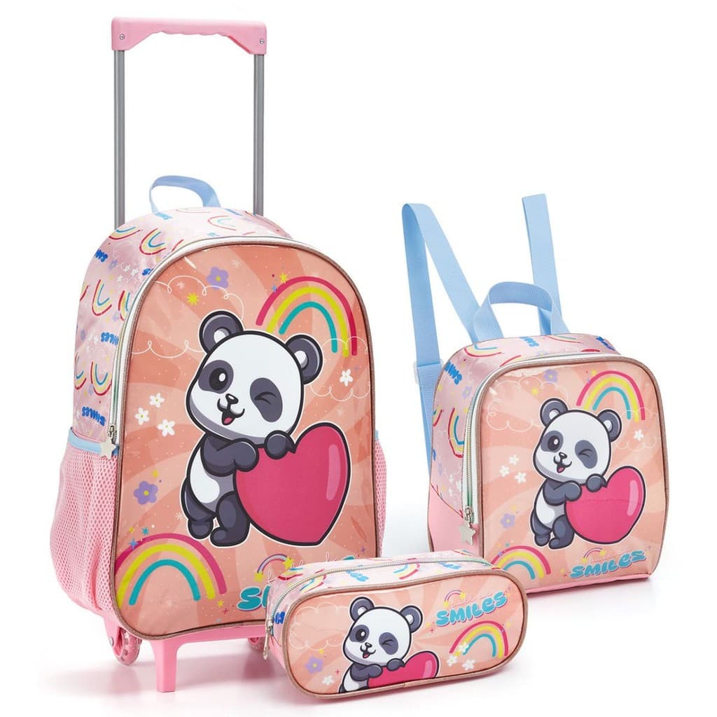 Kit Mochila Rodinhas Lancheira Estojo Escolar Infantil Panda Seanite