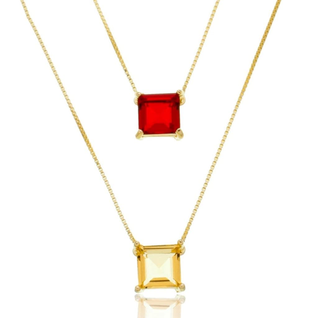 Escapulário 70cm Pedra Cristal Carrê Rubi E Top Imperial - Prata Banhado A Ouro 18k