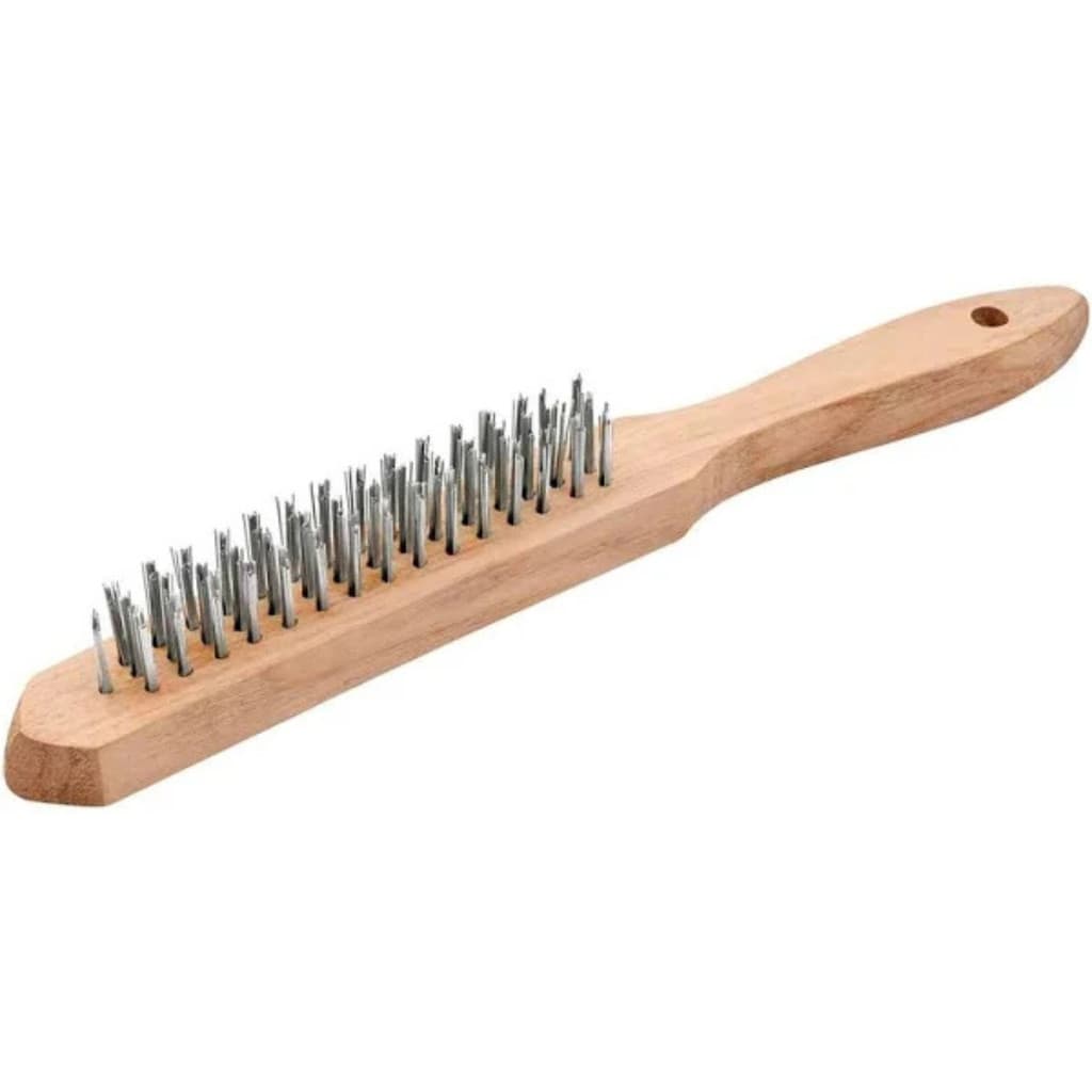 Escova manual com cerdas de aço inox, 3 fileiras, com cabo de madeira