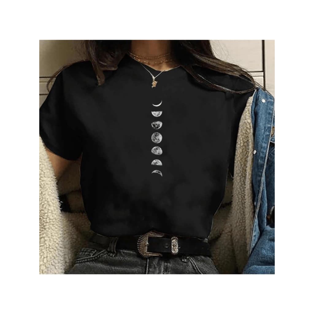 Camiseta Feminina Lua e Suas Fases Blusa estampada preta de algodão Promoção
