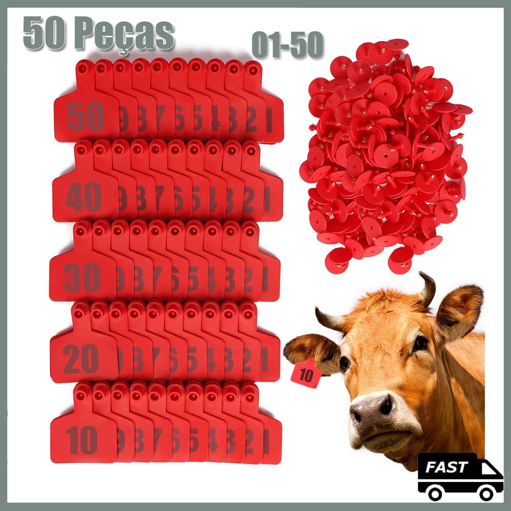 Conjunto 50 Vermelho Brincos Identificação Em Ovinos, Bovinos 01 à 50