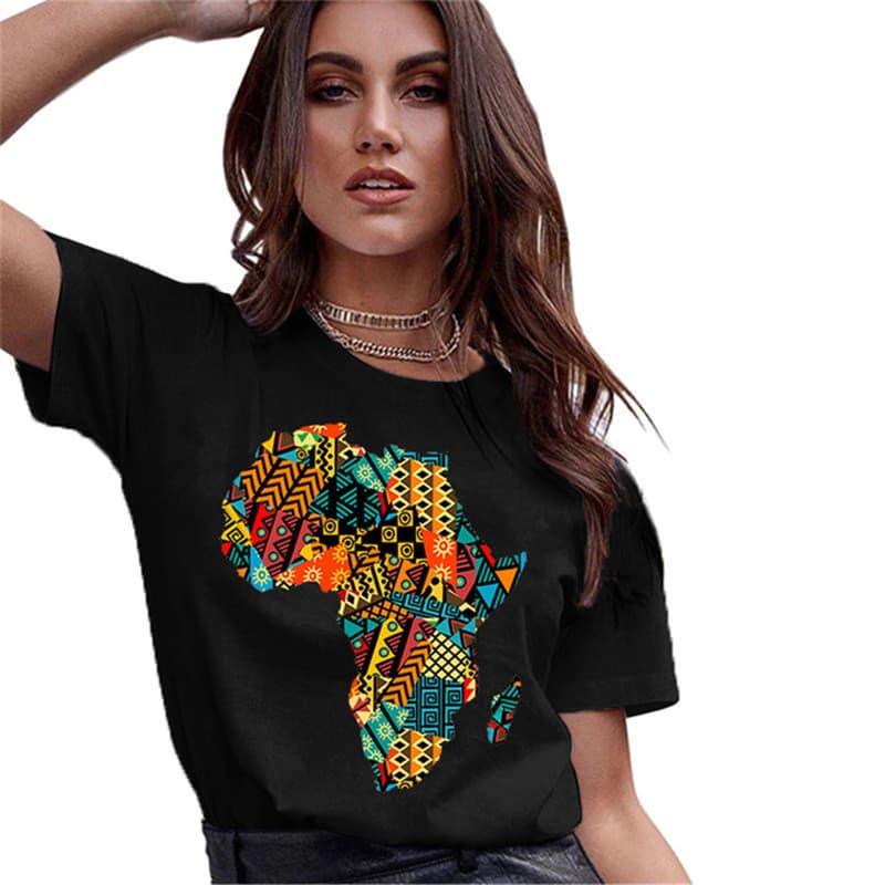 Camiseta Premium Moda Africana Basemap Estampada Feminina Camiseta Premium Preta Casual 100% Algodão Envio Imediato tren