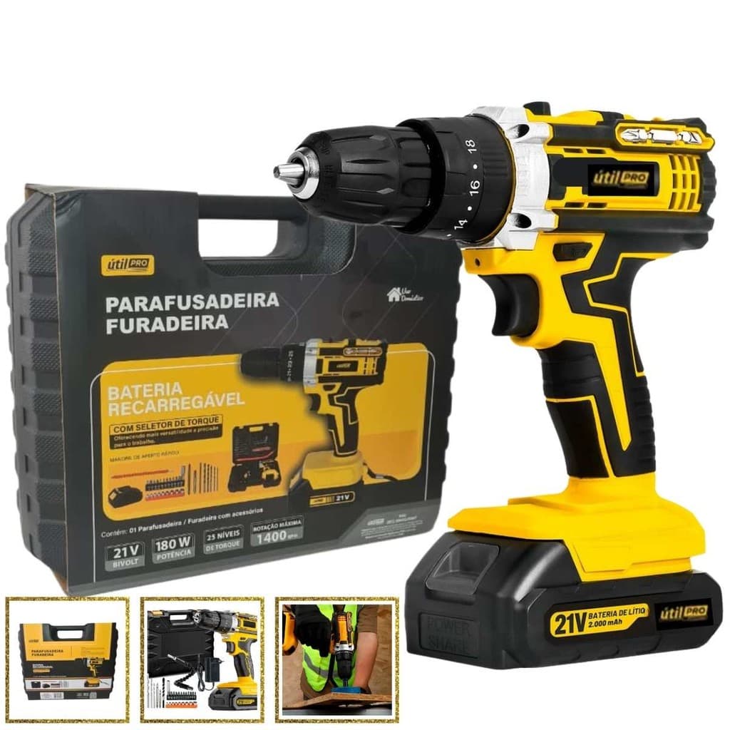 Parafusadeira Furadeira Impacto Profissional 21V Com  Maleta