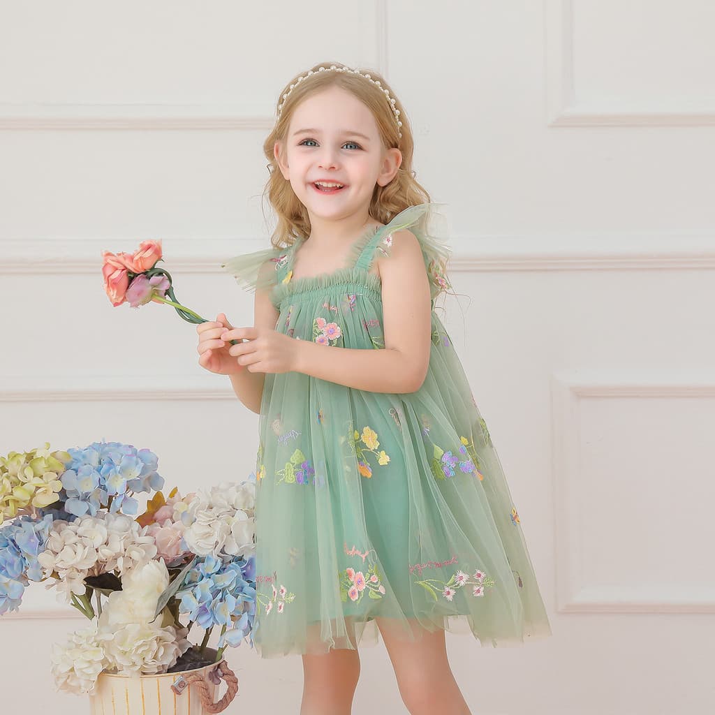 Flor Meninas Vestidos Asas De Borboleta Design Para 1-5 Anos Bordado Tule Vestido Infantil De Festa De Verão