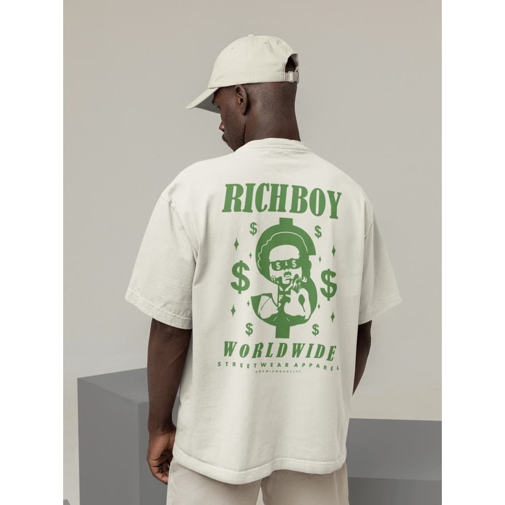 Camisa Camiseta Oversize Streetwear Masculino e Feminino para Treino e Dia a Dia Preto e Off Whte Estampa RICH BOY