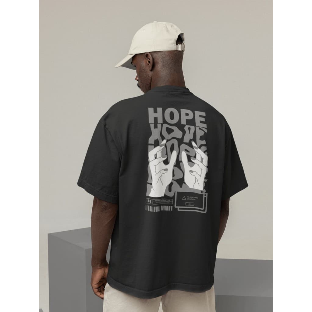 Camisa Camiseta Oversize Streetwear Masculino e Feminino para Treino e Dia a Dia Preto e Off Whte Estampado - HOPE