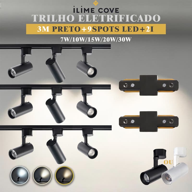 Luxuoso Spot LED Trilho Eletrificado Kit 3M + 9Spots Led + 2-Tipo I Cor Preto Branco Bivolt 7W a 30W