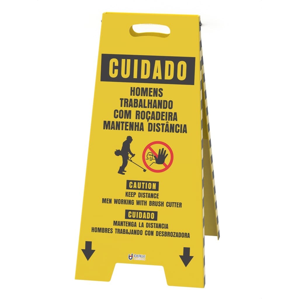 Cavalete De Sinalização Cuidado Homens Trabalhando Com Roçadeira Mantenha Distância - Trilíngue