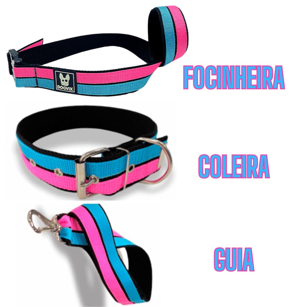 Combo Coleira + Guia + Focinheira para Cães Pet Cachorro Pitbull