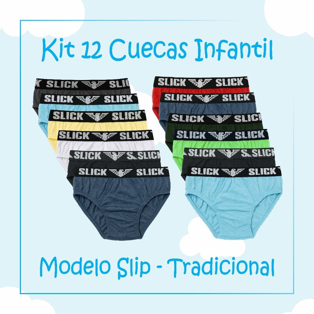 11.	Kit 12 Cuecas Menino Infantil Slip Algodão Suave e Confortável Tradicional