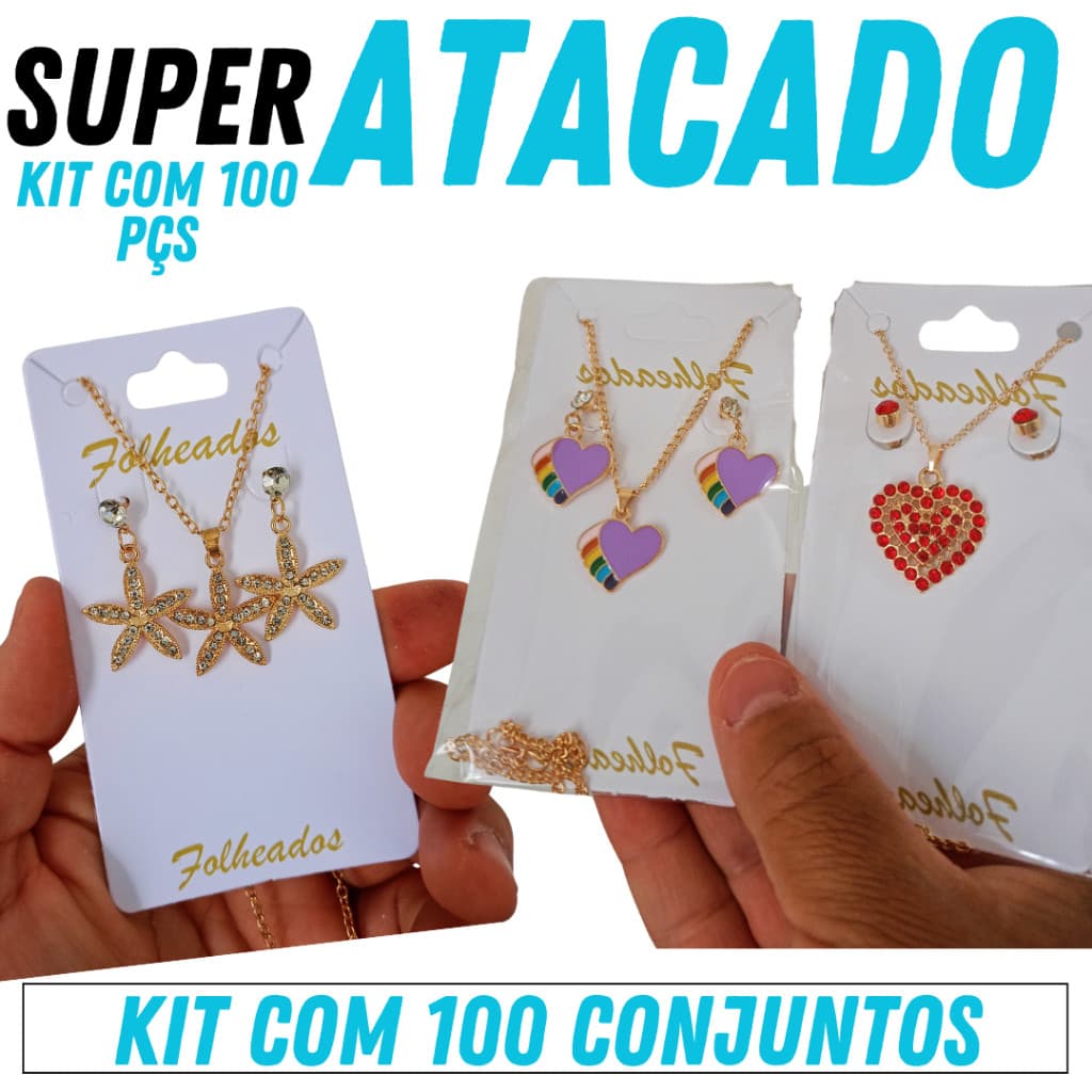 Kit com 100 Conjuntos de Colar e Brincos - Semi Joias Banhadas a Ouro e Prata com Garantia