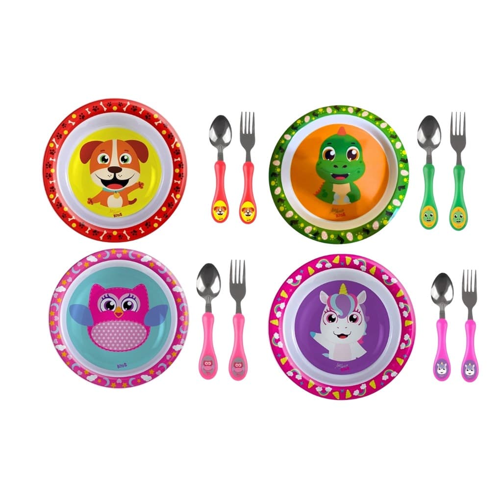 Kit Prato Raso Infantil + Talher Inox Personagem Colorido