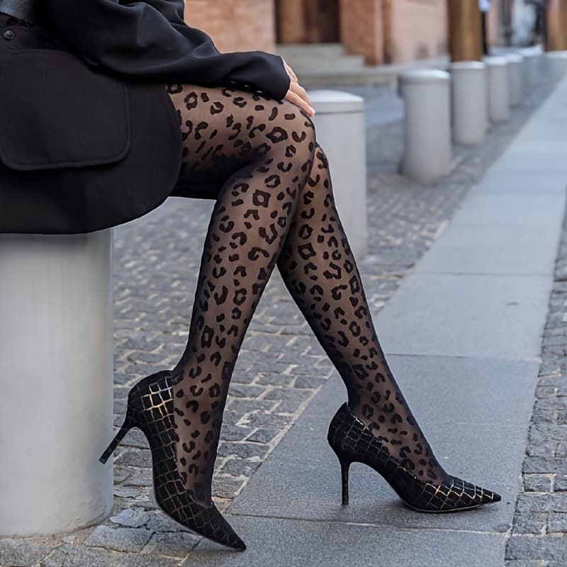 1 Par De Meia-Calça Feminina Com Estampa De Leopardo Preto De Cintura Alta – Fina Antiderrapante 95 % Poliéster 5 Elasta