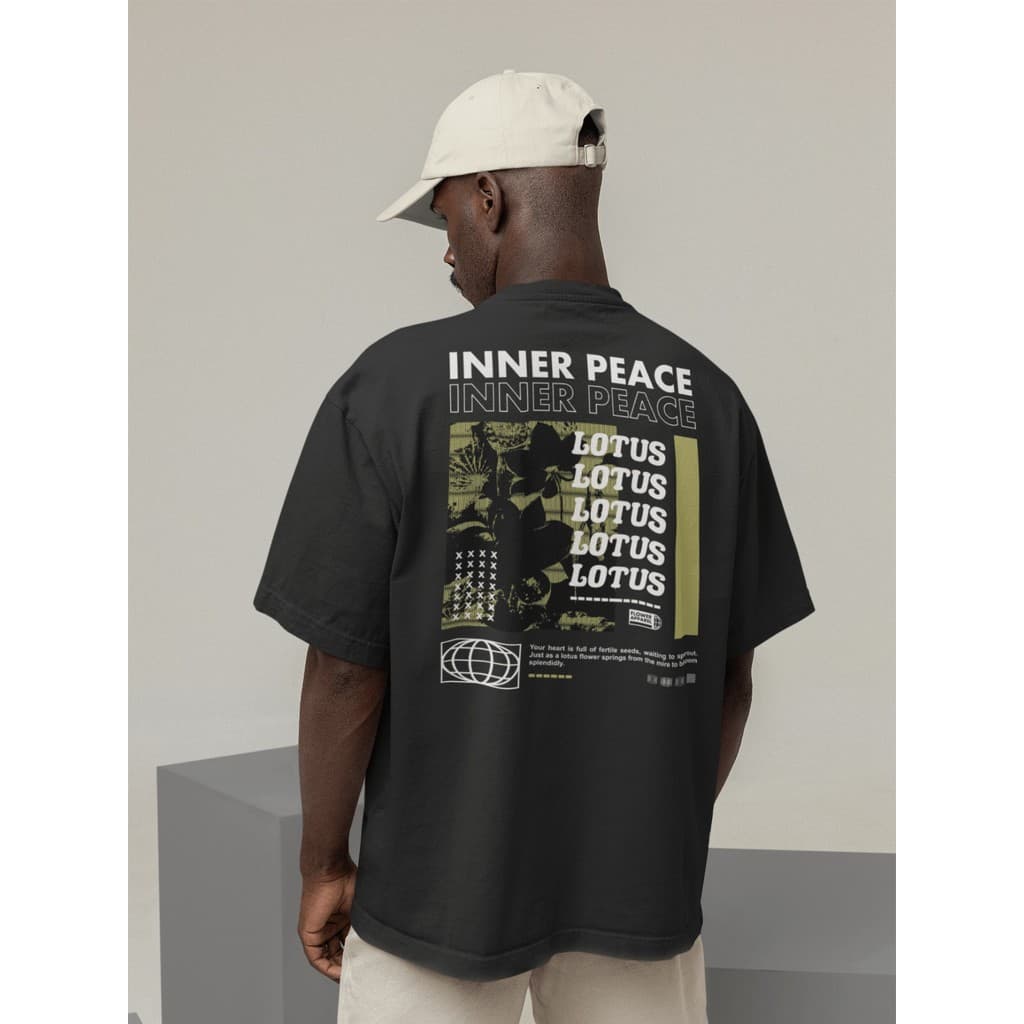 Camisa Camiseta Oversize Streetwear Masculino e Feminino Treino e Dia a Dia Preto e Off Whte Estampado - INNER PEACE