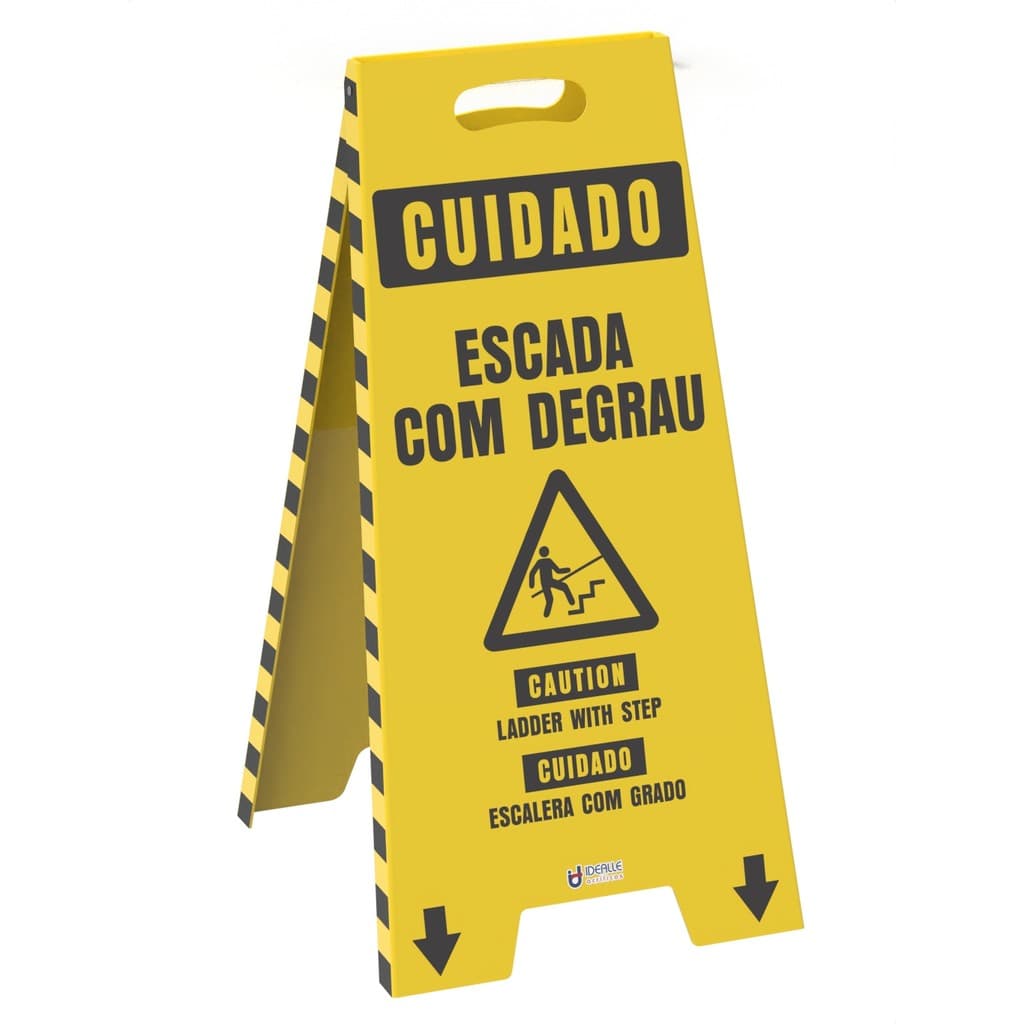 Cavalete De Sinalização Cuidado Escada Com Degrau - Trilíngue