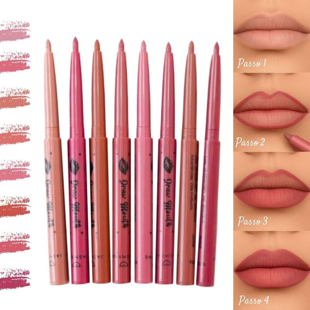 Kit 8 Lápis Contorno Labial Retrátil Macio e Pigmentado Draw Mouth Jasmyne Rosa Nude