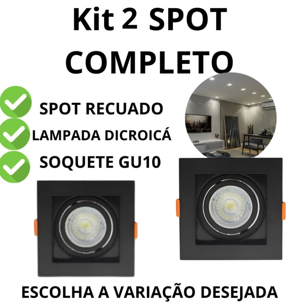 Kit 2 Spot De Embutir Recuado Completo Com Lampada Led Dicroica MR16 Led 36° Spot 360°